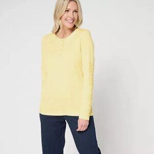 Denim Co Waffle Knit Button Henley Crochet Sleeve Top-Canary Yellow-2X-A677671